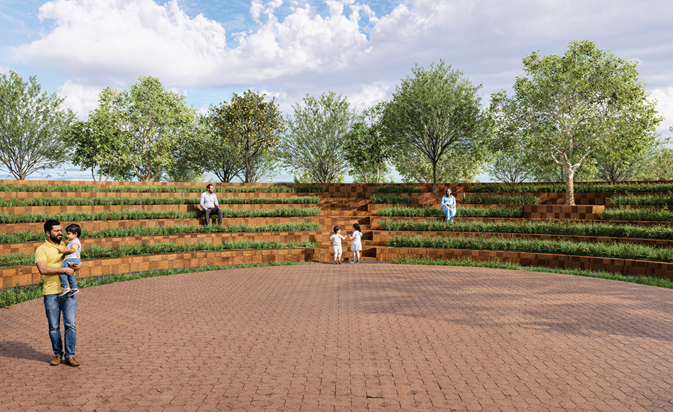 Open amphitheatre at Rashtrapati Niketan with stepped seating and greenery.