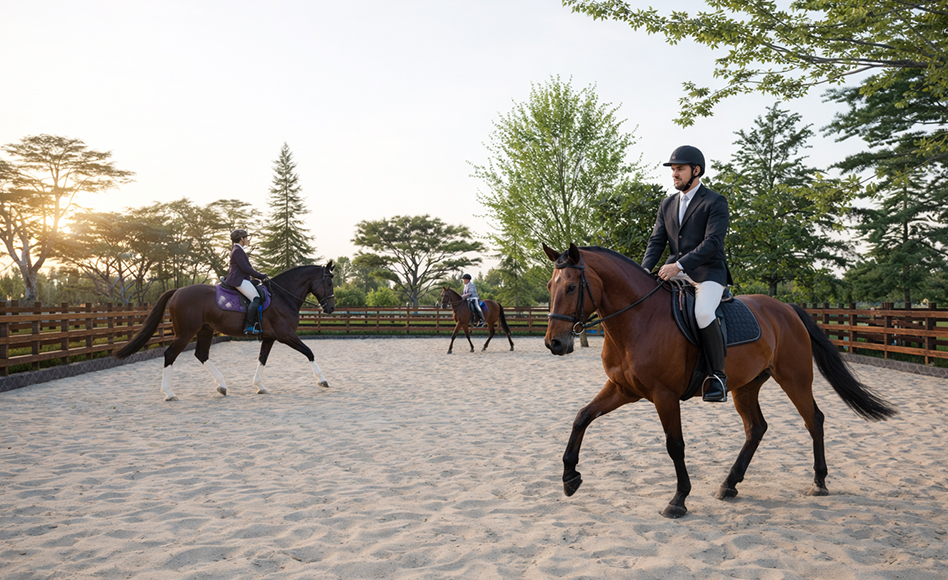 Horse riders practicing in the equestrian arena at Rashtrapati Niketan